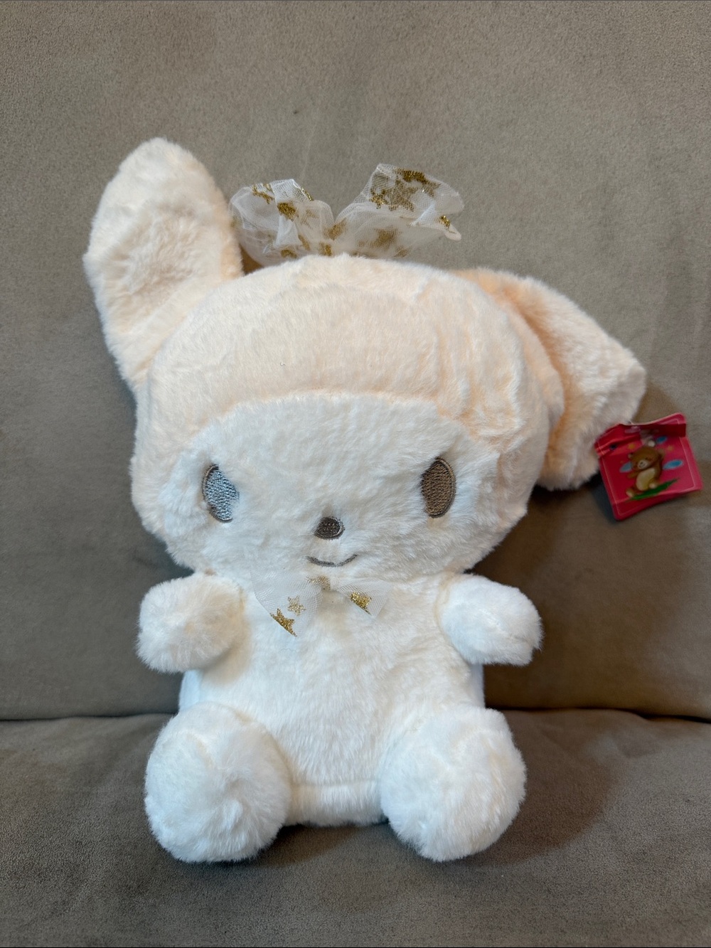 Kawaii Rare Fluffy White Bunny Rabbit Plush Long Ears Gold Star Ribbon NW